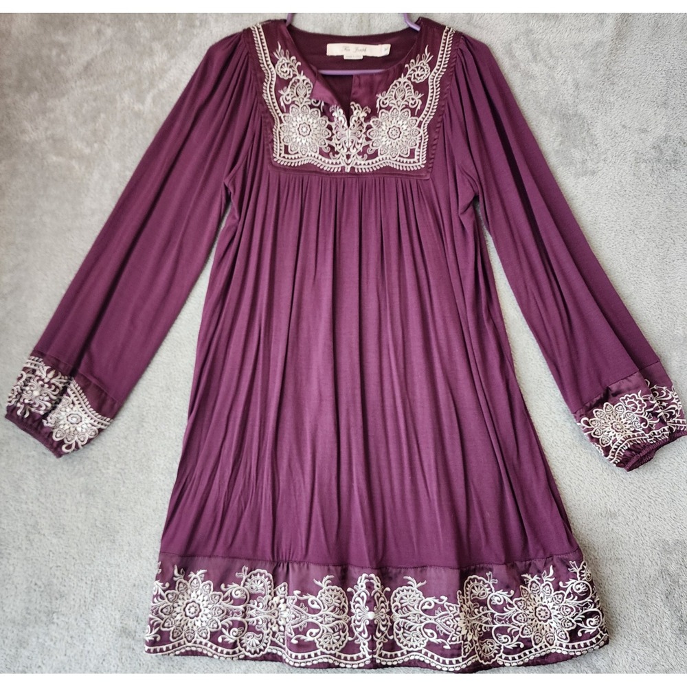 For Joseph Mini Dress Womens Medium Plum Purple Embroidered Long Sleeve V-Neck